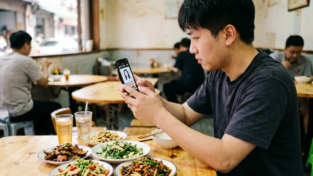 嫩草视频美食探店类内容创作者正在实地拍摄街边小馆的用餐环境与菜品