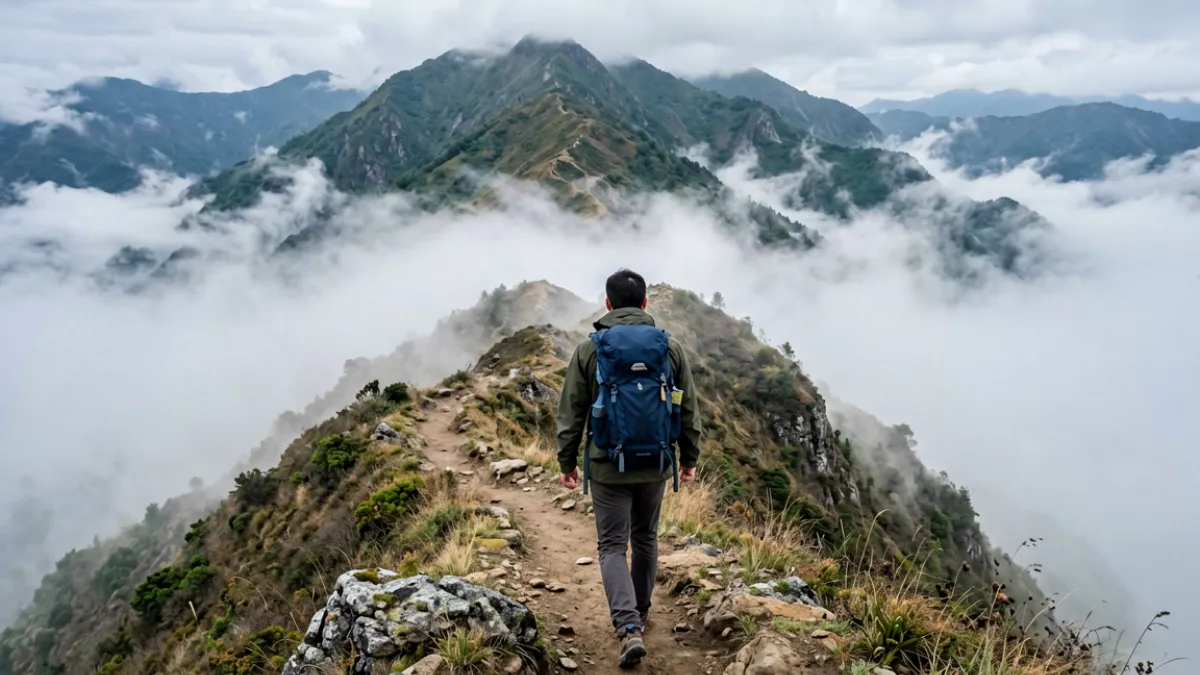 嫩草视频精选第四推荐：山野间远足旅拍画面，背包客行走于山脊小道，云雾弥漫
